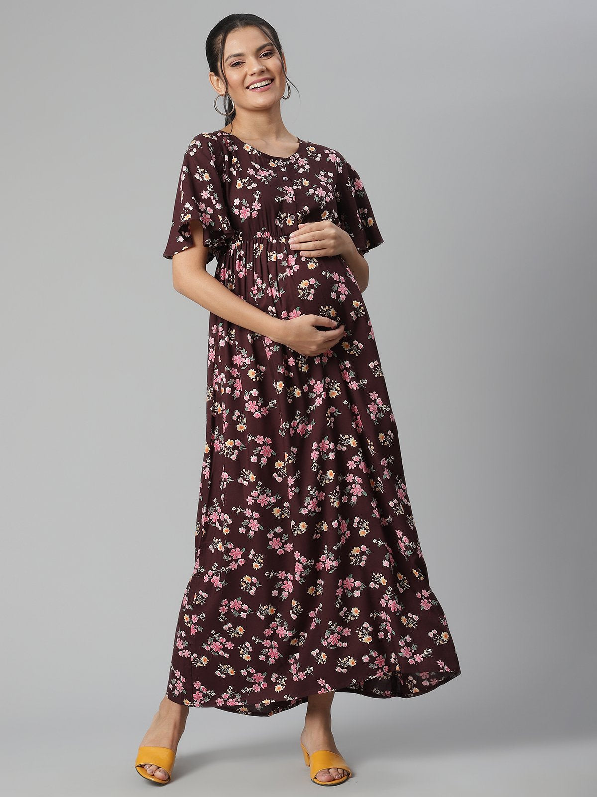 Buy GORA LAXMI Women's Pure Cotton Printed Maternity Gown Feeding Nighty A  line Feeding Dress Kurti Gown (Medium, Beige) at Amazon.in